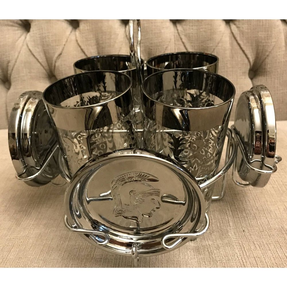 VTG Kimiko Guardian Knight Silver Cocktail Set Of 4 Glasses + Coasters Caddy.